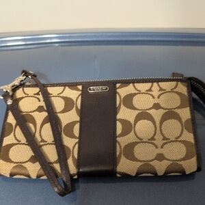 Coach Brown/Tan Signature Canvas Wristlet with Dark Brown Trim